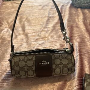 Coach Tan and Brown Signature Barrel Shoulder Bag